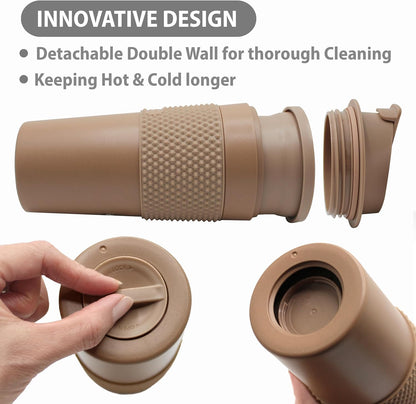 16 oz Coffee Tumbler Set (2 Pack) – Insulated Double Wall Travel Mug with Leak Proof Lid, Cup Holder Friendly, BPA Free Reusable Coffee Cup, Dishwasher & Microwave Safe, Brown