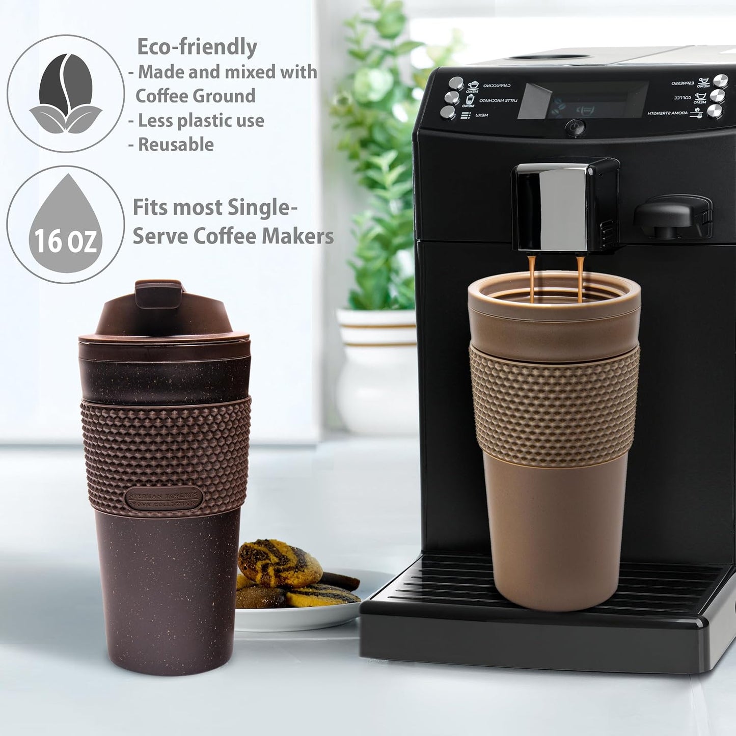 16 oz Coffee Tumbler Set (2 Pack) – Insulated Double Wall Travel Mug with Leak Proof Lid, Cup Holder Friendly, BPA Free Reusable Coffee Cup, Dishwasher & Microwave Safe, Brown
