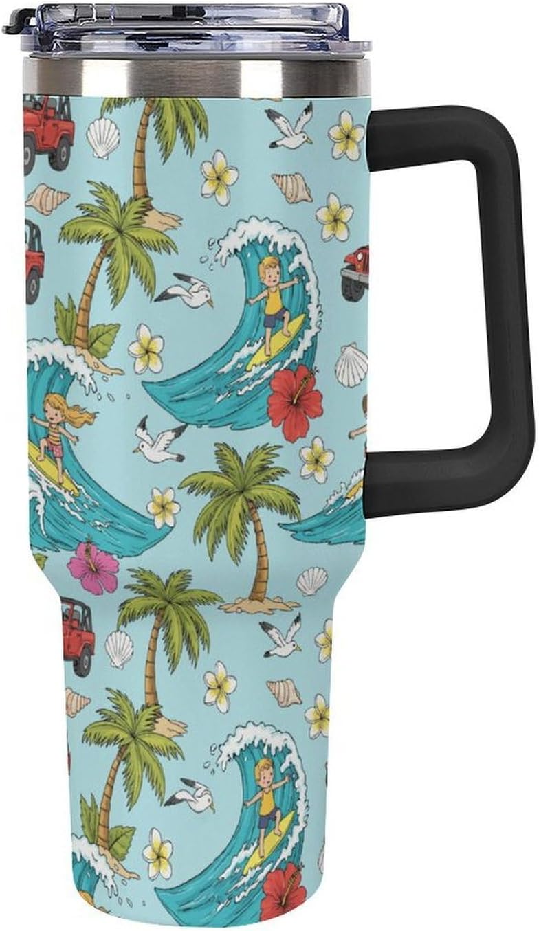 Leakproof Tumbler Vacuum Sealed Car Holder Friendly For Travel Teal And Peach Tropical Palm Leaf Pattern Water Tumbler white-style-23 - Colors D