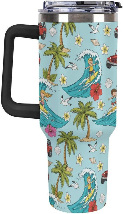 Leakproof Tumbler Vacuum Sealed Car Holder Friendly For Travel Teal And Peach Tropical Palm Leaf Pattern Water Tumbler white-style-23 - Colors D
