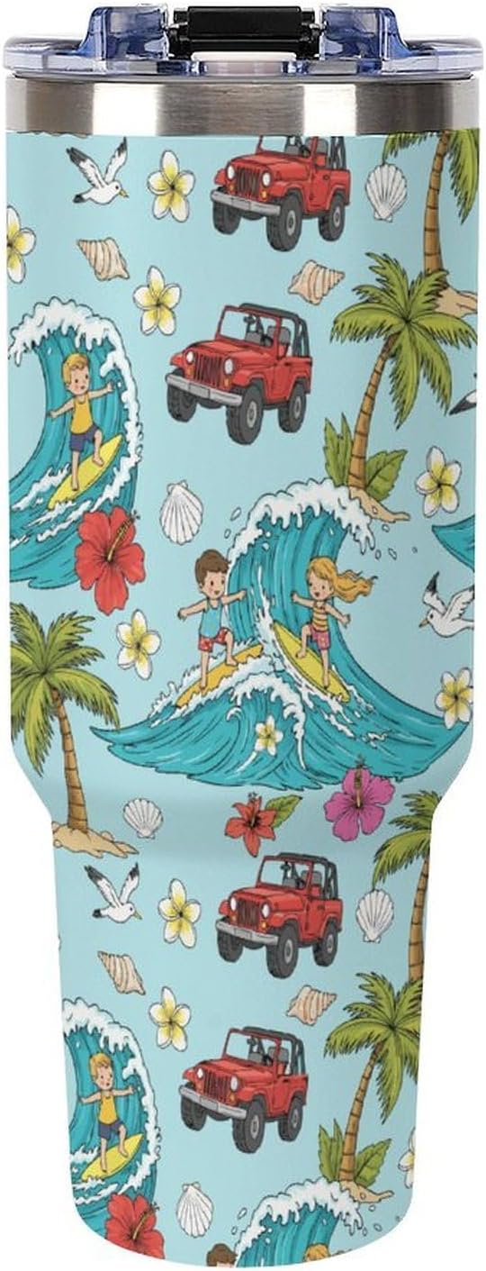 Leakproof Tumbler Vacuum Sealed Car Holder Friendly For Travel Teal And Peach Tropical Palm Leaf Pattern Water Tumbler white-style-23 - Colors D