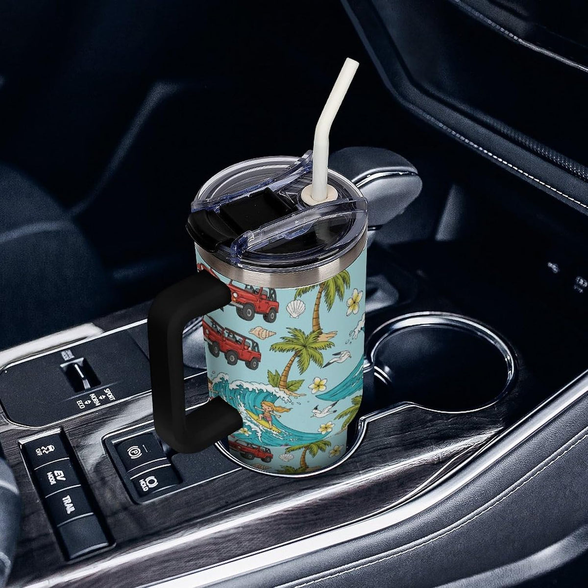 Leakproof Tumbler Vacuum Sealed Car Holder Friendly For Travel Teal And Peach Tropical Palm Leaf Pattern Water Tumbler white-style-23 - Colors D