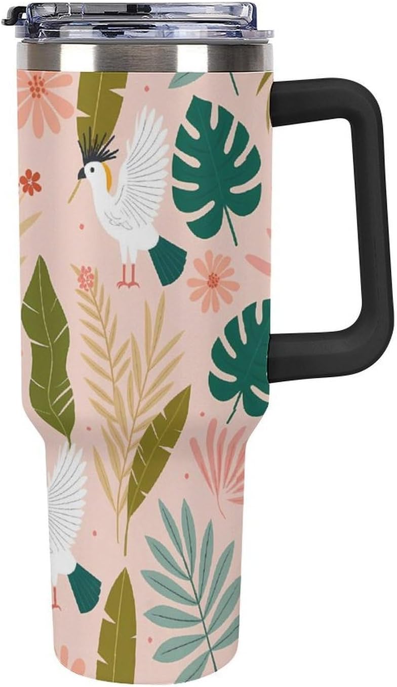 Leakproof Tumbler Vacuum Sealed Car Holder Friendly For Travel Teal And Peach Tropical Palm Leaf Pattern Water Tumbler white-style-23 - Colors D