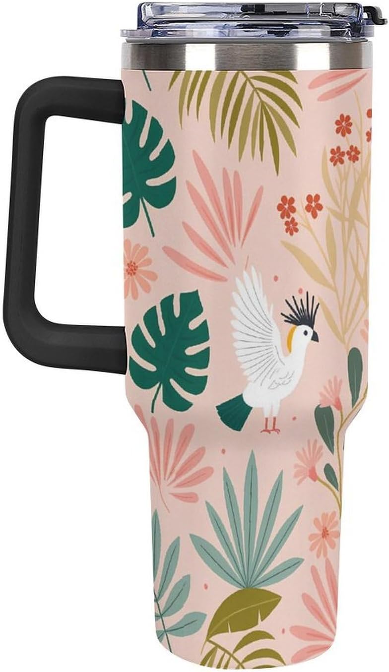 Leakproof Tumbler Vacuum Sealed Car Holder Friendly For Travel Teal And Peach Tropical Palm Leaf Pattern Water Tumbler white-style-23 - Colors D