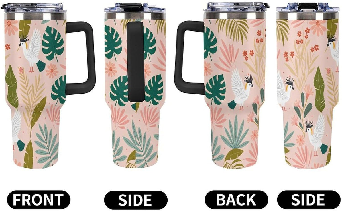 Leakproof Tumbler Vacuum Sealed Car Holder Friendly For Travel Teal And Peach Tropical Palm Leaf Pattern Water Tumbler white-style-23 - Colors D