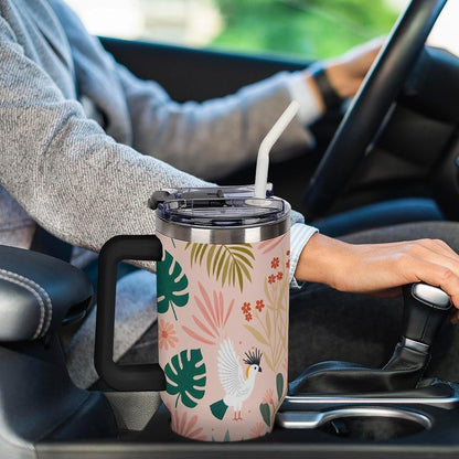 Leakproof Tumbler Vacuum Sealed Car Holder Friendly For Travel Teal And Peach Tropical Palm Leaf Pattern Water Tumbler white-style-23 - Colors D