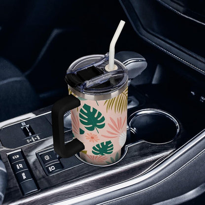 Leakproof Tumbler Vacuum Sealed Car Holder Friendly For Travel Teal And Peach Tropical Palm Leaf Pattern Water Tumbler white-style-23 - Colors D