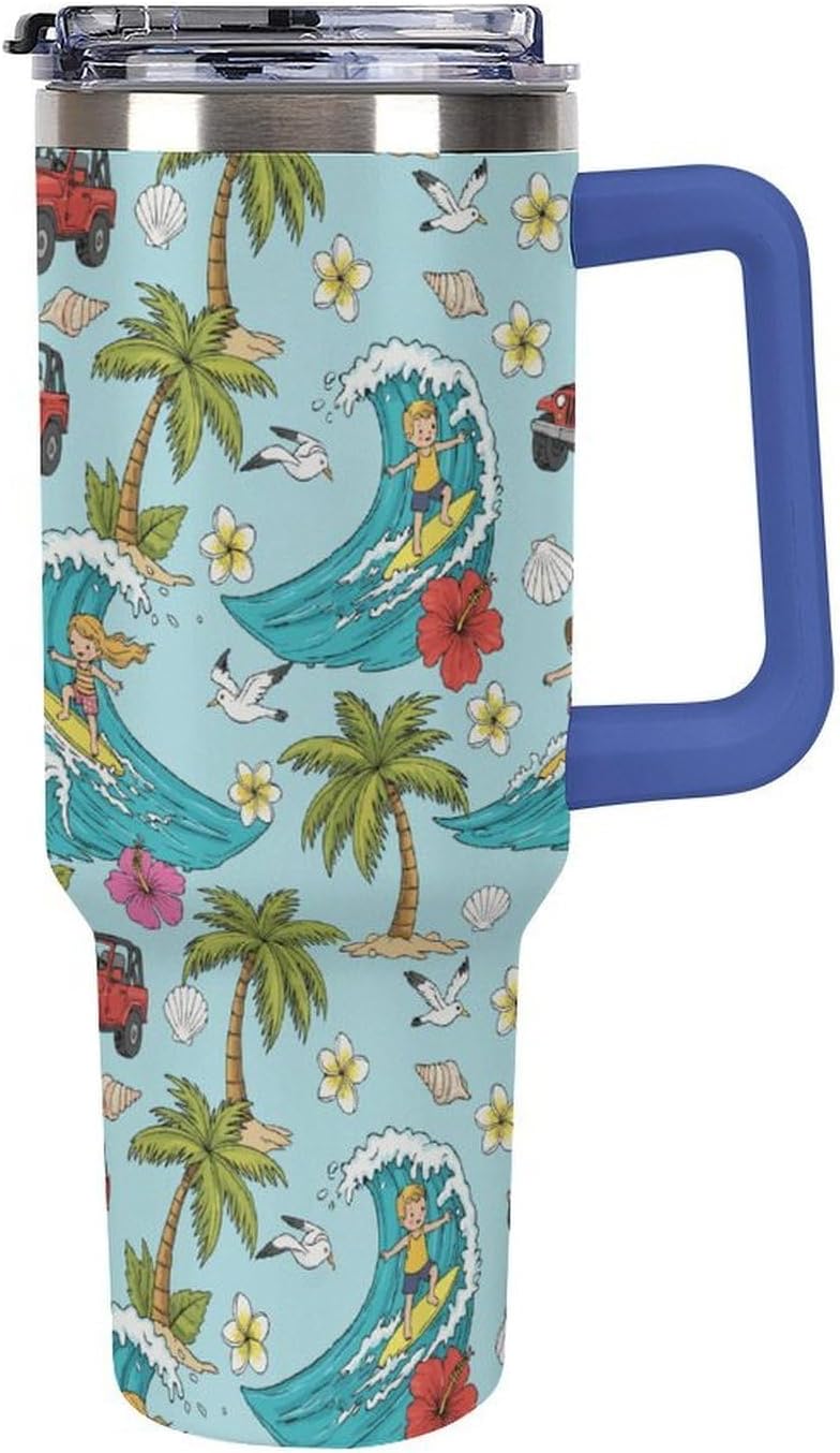 Leakproof Tumbler Vacuum Sealed Car Holder Friendly For Travel Teal And Peach Tropical Palm Leaf Pattern Water Tumbler white-style-23 - Colors D