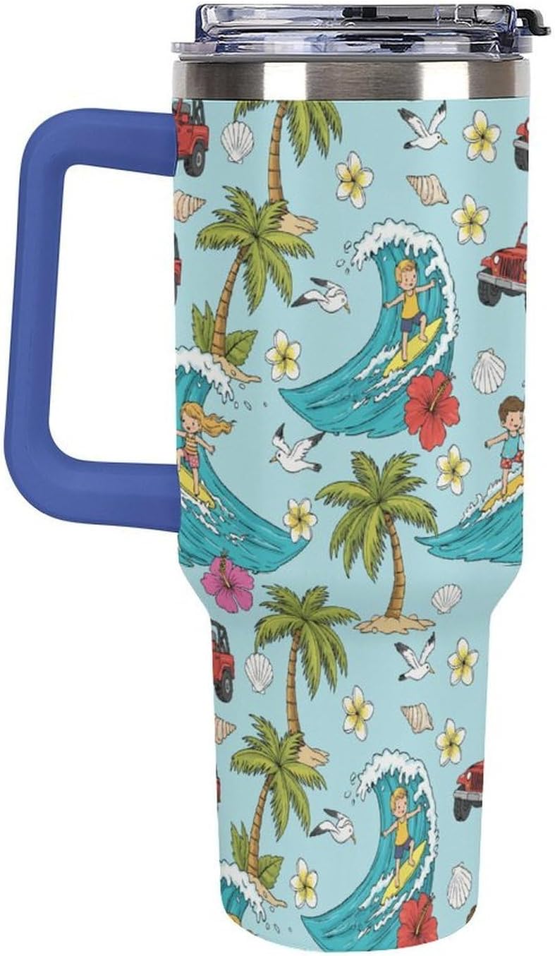 Leakproof Tumbler Vacuum Sealed Car Holder Friendly For Travel Teal And Peach Tropical Palm Leaf Pattern Water Tumbler white-style-23 - Colors D