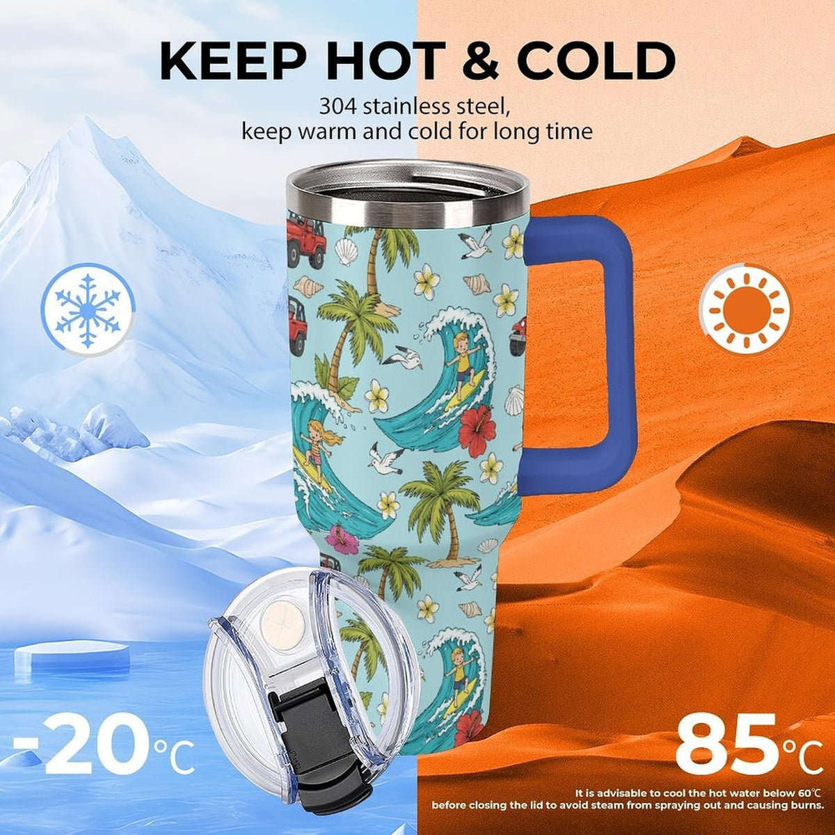 Leakproof Tumbler Vacuum Sealed Car Holder Friendly For Travel Teal And Peach Tropical Palm Leaf Pattern Water Tumbler white-style-23 - Colors D