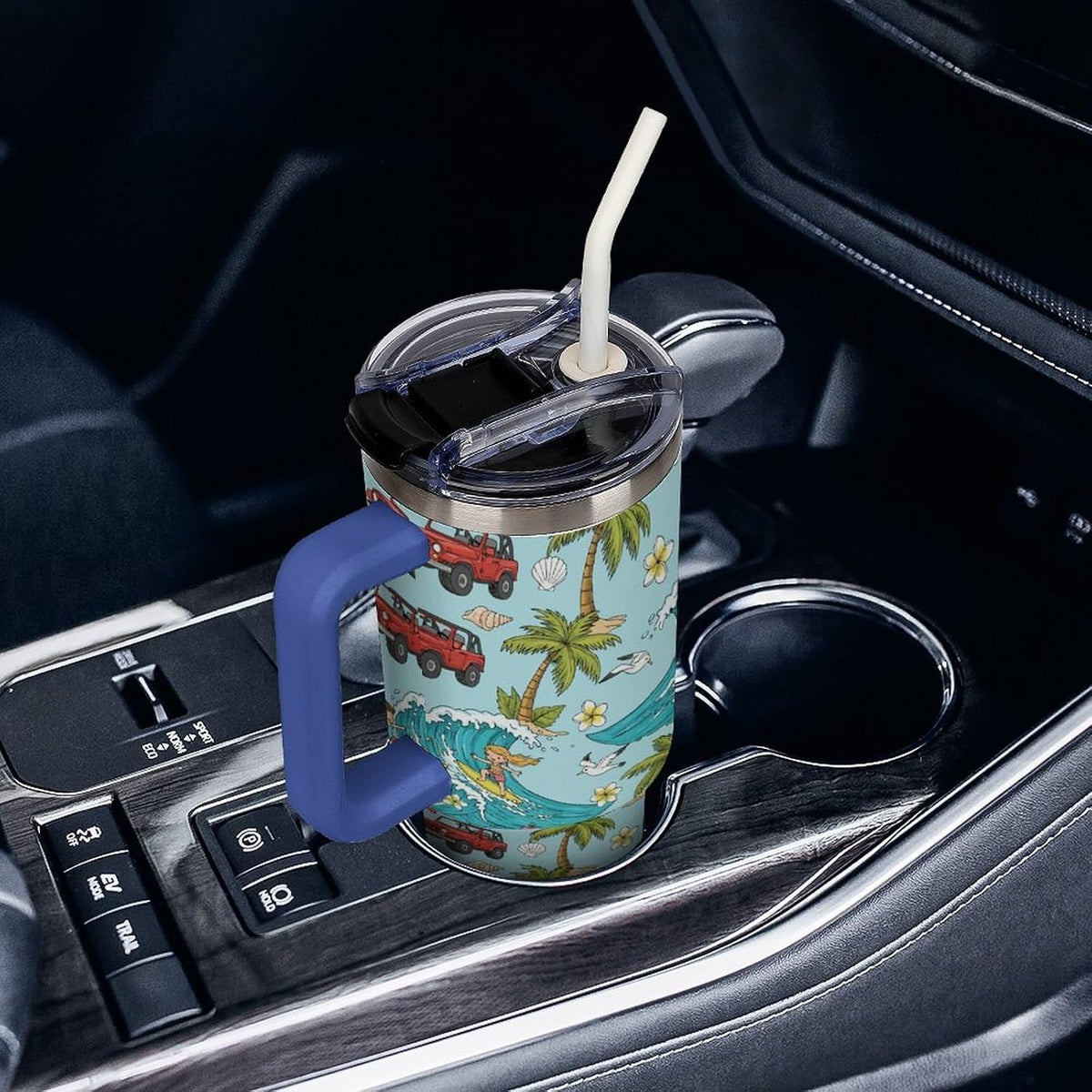 Leakproof Tumbler Vacuum Sealed Car Holder Friendly For Travel Teal And Peach Tropical Palm Leaf Pattern Water Tumbler white-style-23 - Colors D
