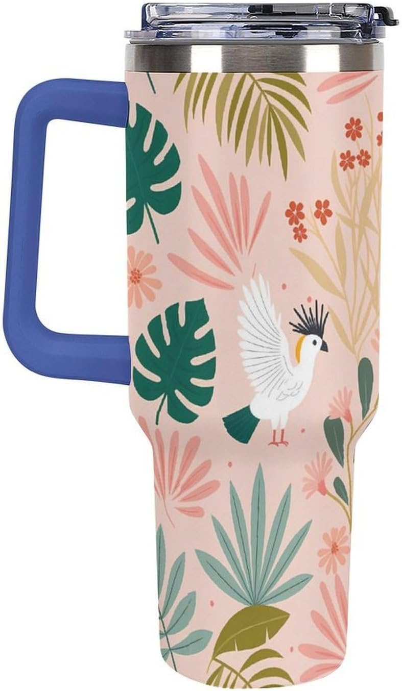 Leakproof Tumbler Vacuum Sealed Car Holder Friendly For Travel Teal And Peach Tropical Palm Leaf Pattern Water Tumbler white-style-23 - Colors D