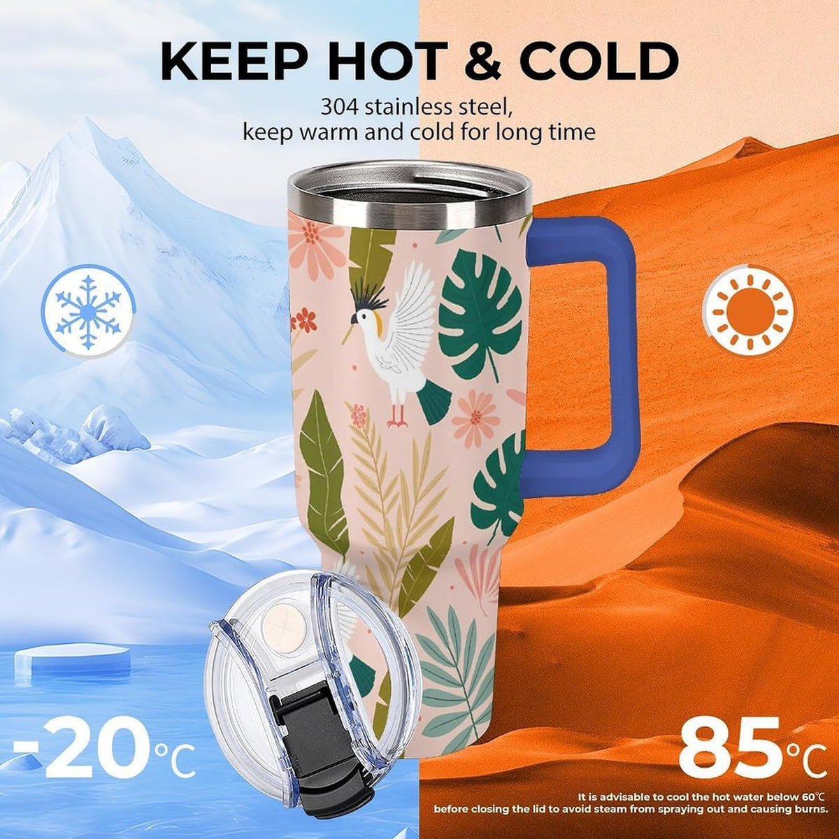 Leakproof Tumbler Vacuum Sealed Car Holder Friendly For Travel Teal And Peach Tropical Palm Leaf Pattern Water Tumbler white-style-23 - Colors D