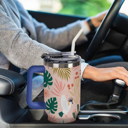 Leakproof Tumbler Vacuum Sealed Car Holder Friendly For Travel Teal And Peach Tropical Palm Leaf Pattern Water Tumbler white-style-23 - Colors D