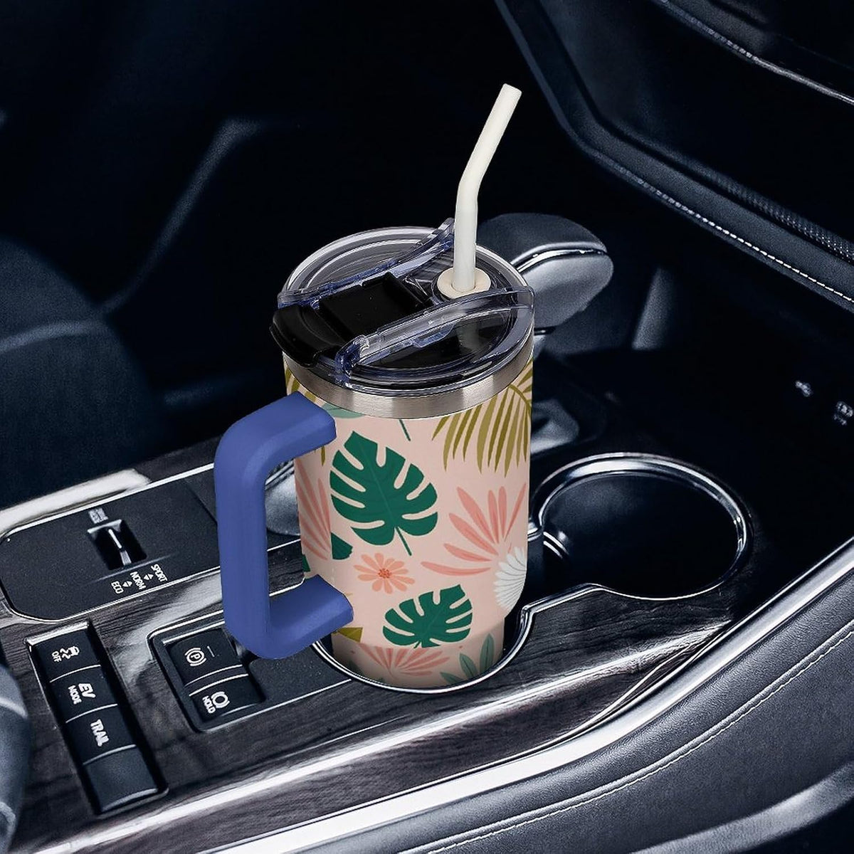 Leakproof Tumbler Vacuum Sealed Car Holder Friendly For Travel Teal And Peach Tropical Palm Leaf Pattern Water Tumbler white-style-23 - Colors D