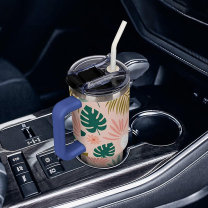 Leakproof Tumbler Vacuum Sealed Car Holder Friendly For Travel Teal And Peach Tropical Palm Leaf Pattern Water Tumbler white-style-23 - Colors D