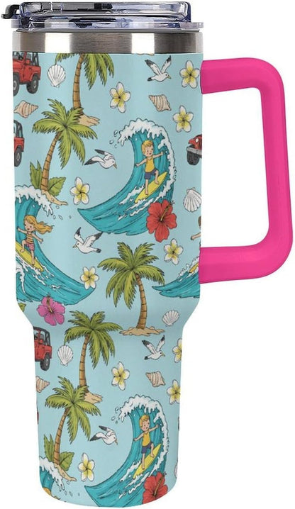 Leakproof Tumbler Vacuum Sealed Car Holder Friendly For Travel Teal And Peach Tropical Palm Leaf Pattern Water Tumbler white-style-23 - Colors D