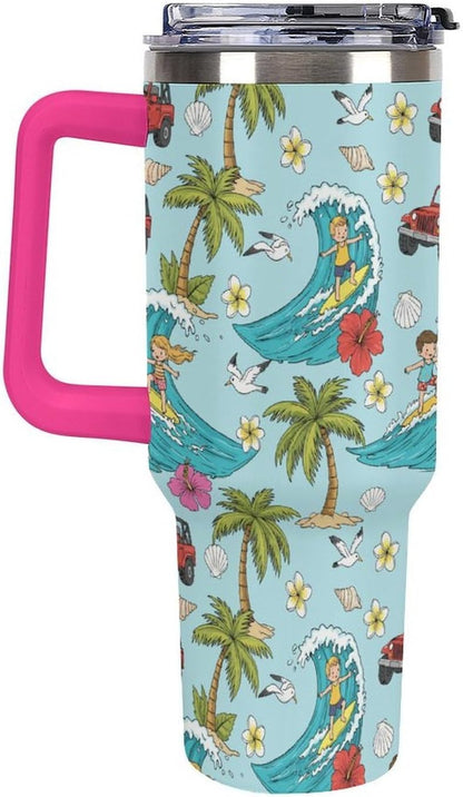 Leakproof Tumbler Vacuum Sealed Car Holder Friendly For Travel Teal And Peach Tropical Palm Leaf Pattern Water Tumbler white-style-23 - Colors D