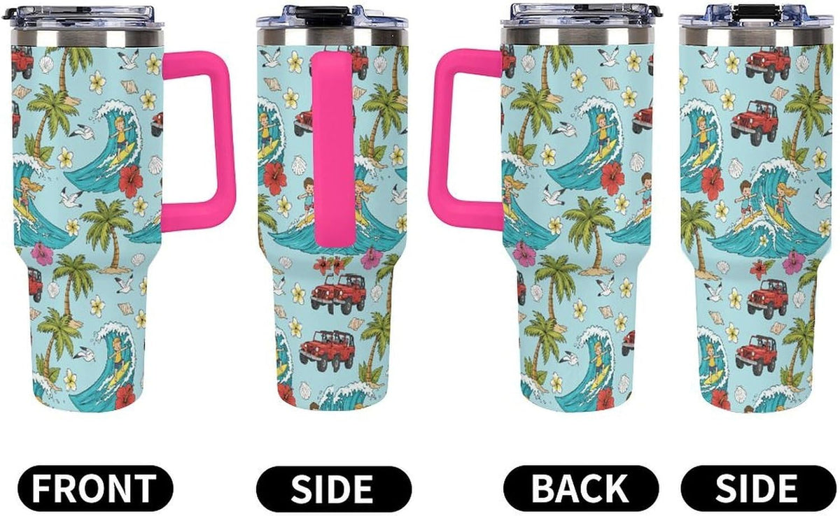 Leakproof Tumbler Vacuum Sealed Car Holder Friendly For Travel Teal And Peach Tropical Palm Leaf Pattern Water Tumbler white-style-23 - Colors D