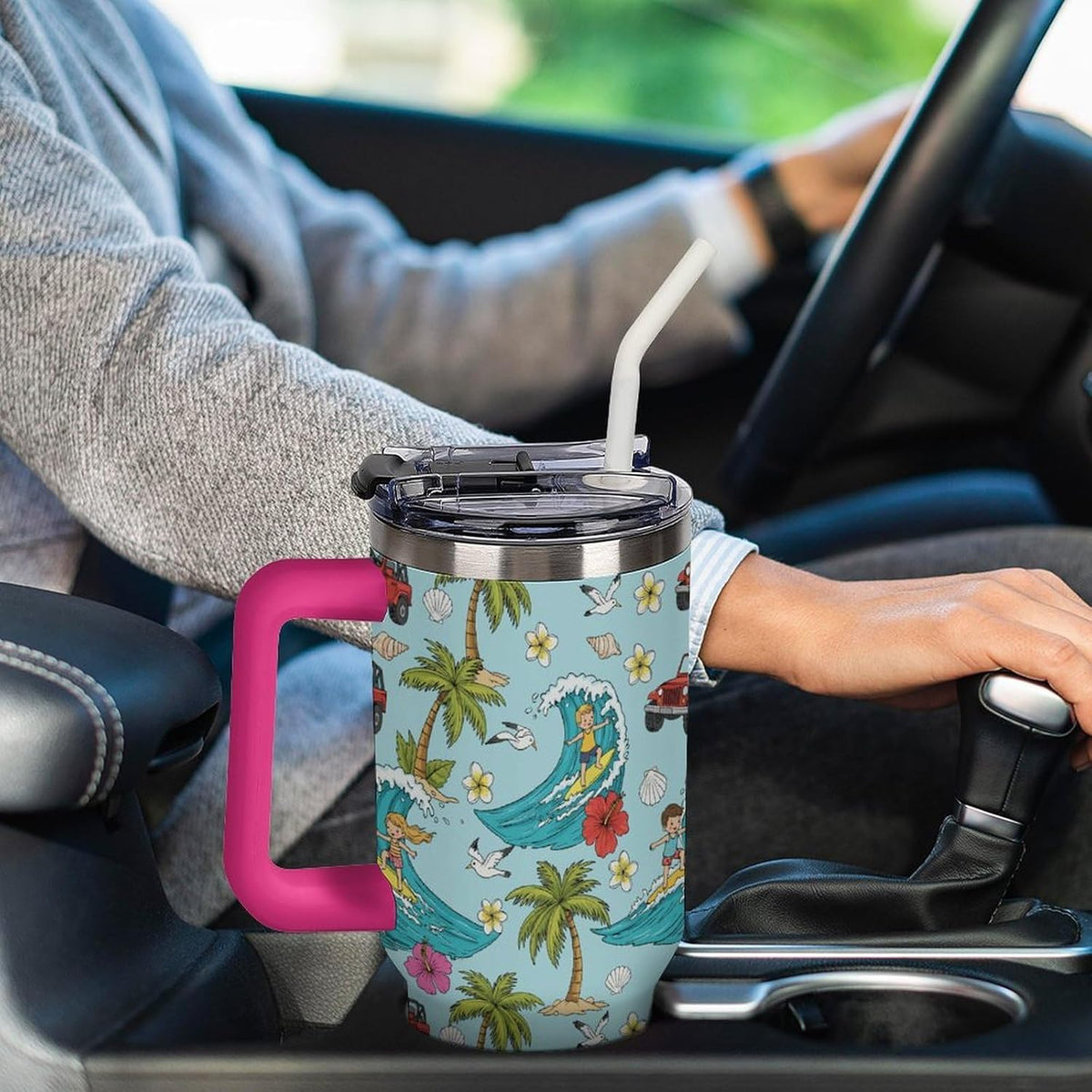 Leakproof Tumbler Vacuum Sealed Car Holder Friendly For Travel Teal And Peach Tropical Palm Leaf Pattern Water Tumbler white-style-23 - Colors D