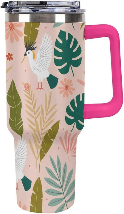 Leakproof Tumbler Vacuum Sealed Car Holder Friendly For Travel Teal And Peach Tropical Palm Leaf Pattern Water Tumbler white-style-23 - Colors D