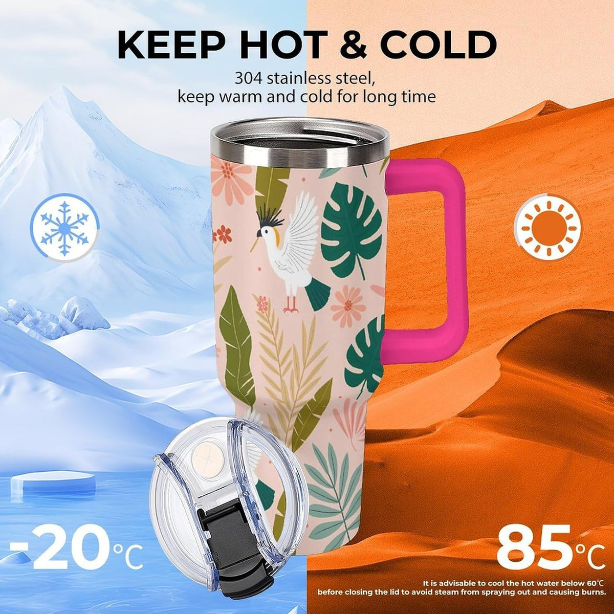Leakproof Tumbler Vacuum Sealed Car Holder Friendly For Travel Teal And Peach Tropical Palm Leaf Pattern Water Tumbler white-style-23 - Colors D