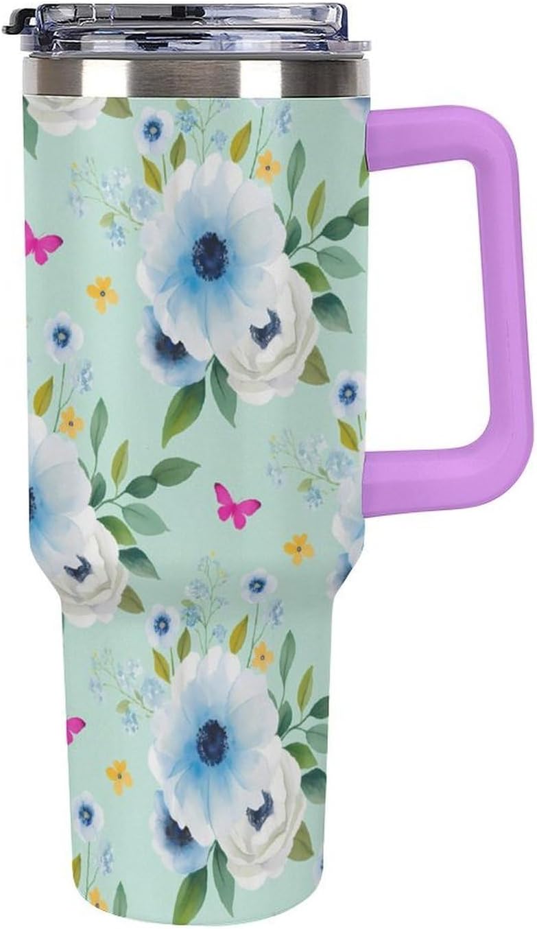 Leakproof Tumbler Vacuum Sealed Car Holder Friendly For Travel Teal And Peach Tropical Palm Leaf Pattern Water Tumbler white-style-23 - Colors D
