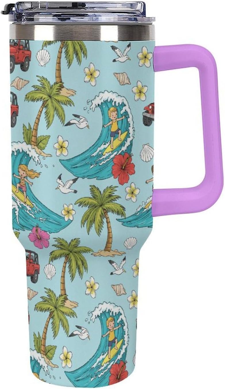 Leakproof Tumbler Vacuum Sealed Car Holder Friendly For Travel Teal And Peach Tropical Palm Leaf Pattern Water Tumbler white-style-23 - Colors D