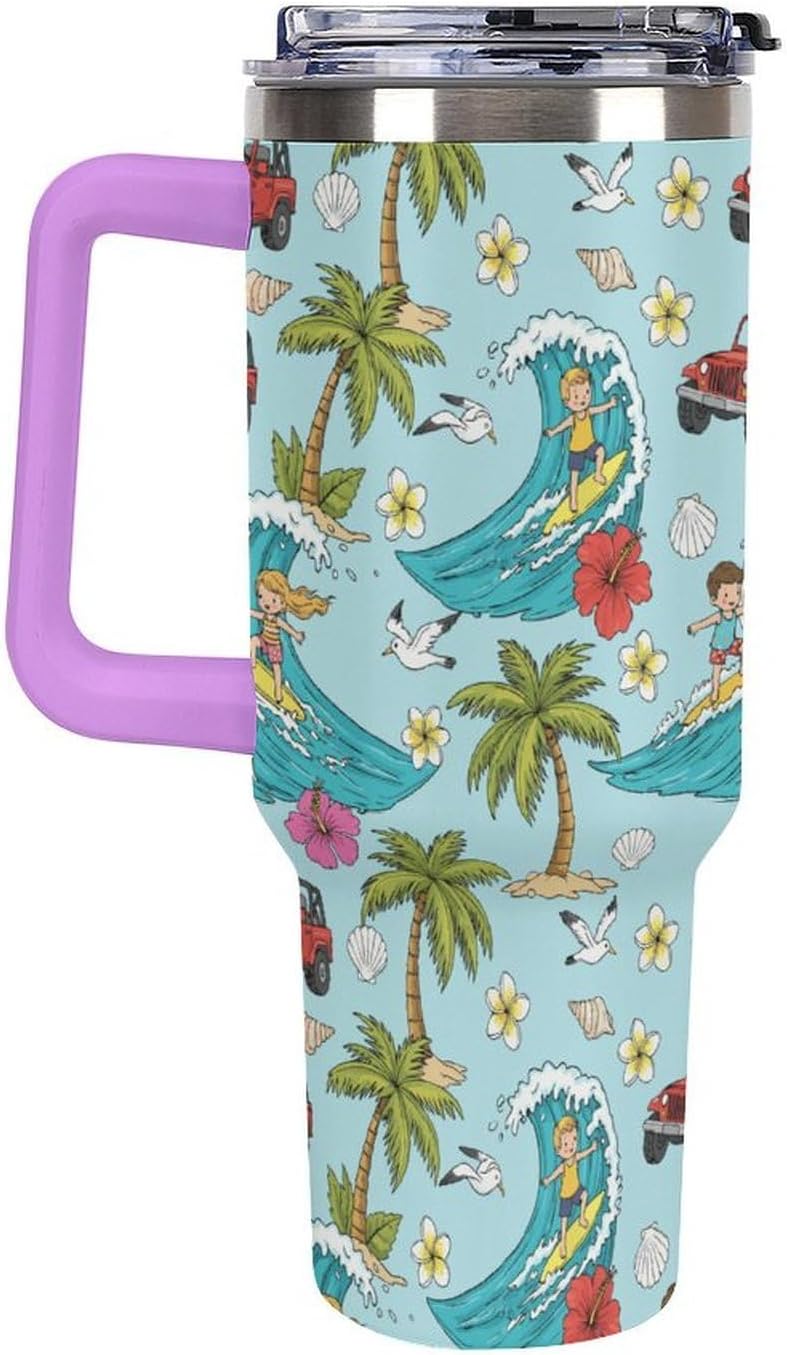 Leakproof Tumbler Vacuum Sealed Car Holder Friendly For Travel Teal And Peach Tropical Palm Leaf Pattern Water Tumbler white-style-23 - Colors D