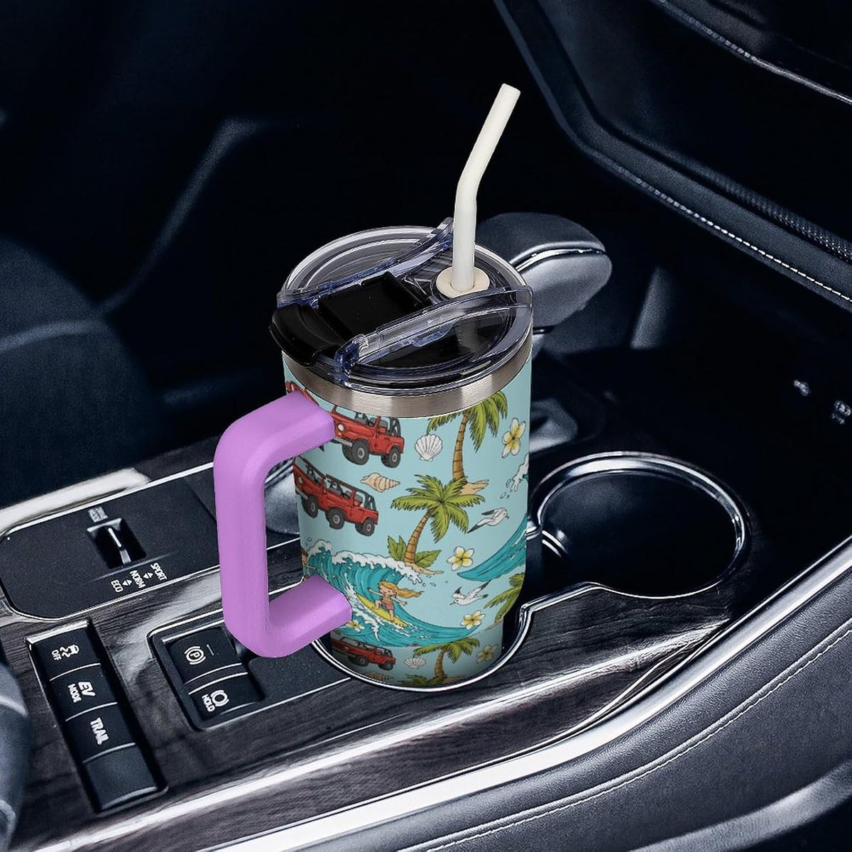 Leakproof Tumbler Vacuum Sealed Car Holder Friendly For Travel Teal And Peach Tropical Palm Leaf Pattern Water Tumbler white-style-23 - Colors D