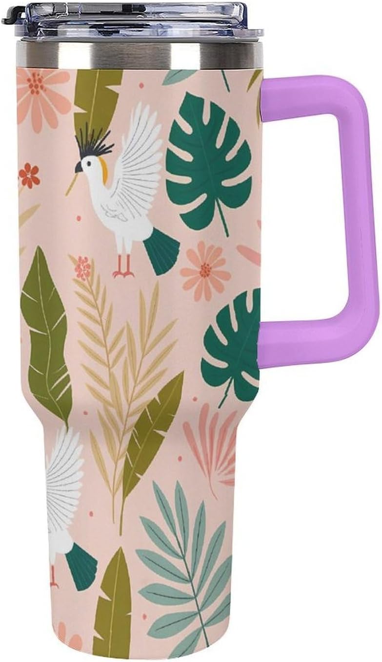 Leakproof Tumbler Vacuum Sealed Car Holder Friendly For Travel Teal And Peach Tropical Palm Leaf Pattern Water Tumbler white-style-23 - Colors D