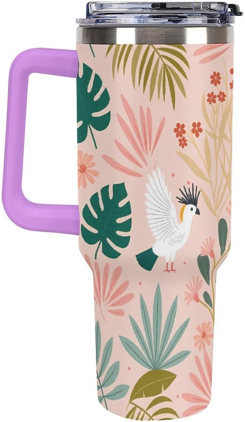Leakproof Tumbler Vacuum Sealed Car Holder Friendly For Travel Teal And Peach Tropical Palm Leaf Pattern Water Tumbler white-style-23 - Colors D