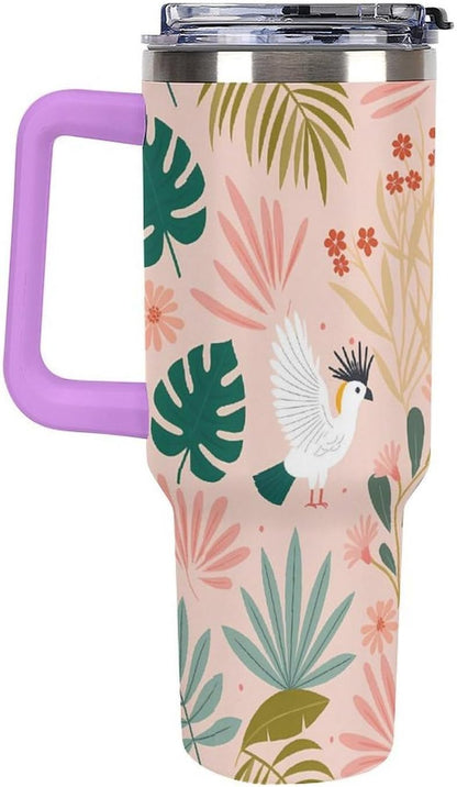 Leakproof Tumbler Vacuum Sealed Car Holder Friendly For Travel Teal And Peach Tropical Palm Leaf Pattern Water Tumbler white-style-23 - Colors D