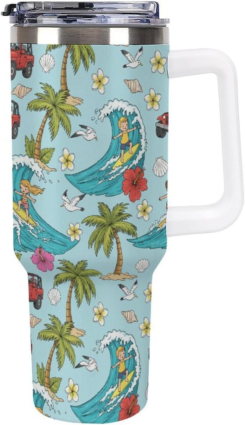 Leakproof Tumbler Vacuum Sealed Car Holder Friendly For Travel Teal And Peach Tropical Palm Leaf Pattern Water Tumbler white-style-23 - Colors D