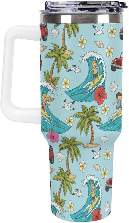 Leakproof Tumbler Vacuum Sealed Car Holder Friendly For Travel Teal And Peach Tropical Palm Leaf Pattern Water Tumbler white-style-23 - Colors D