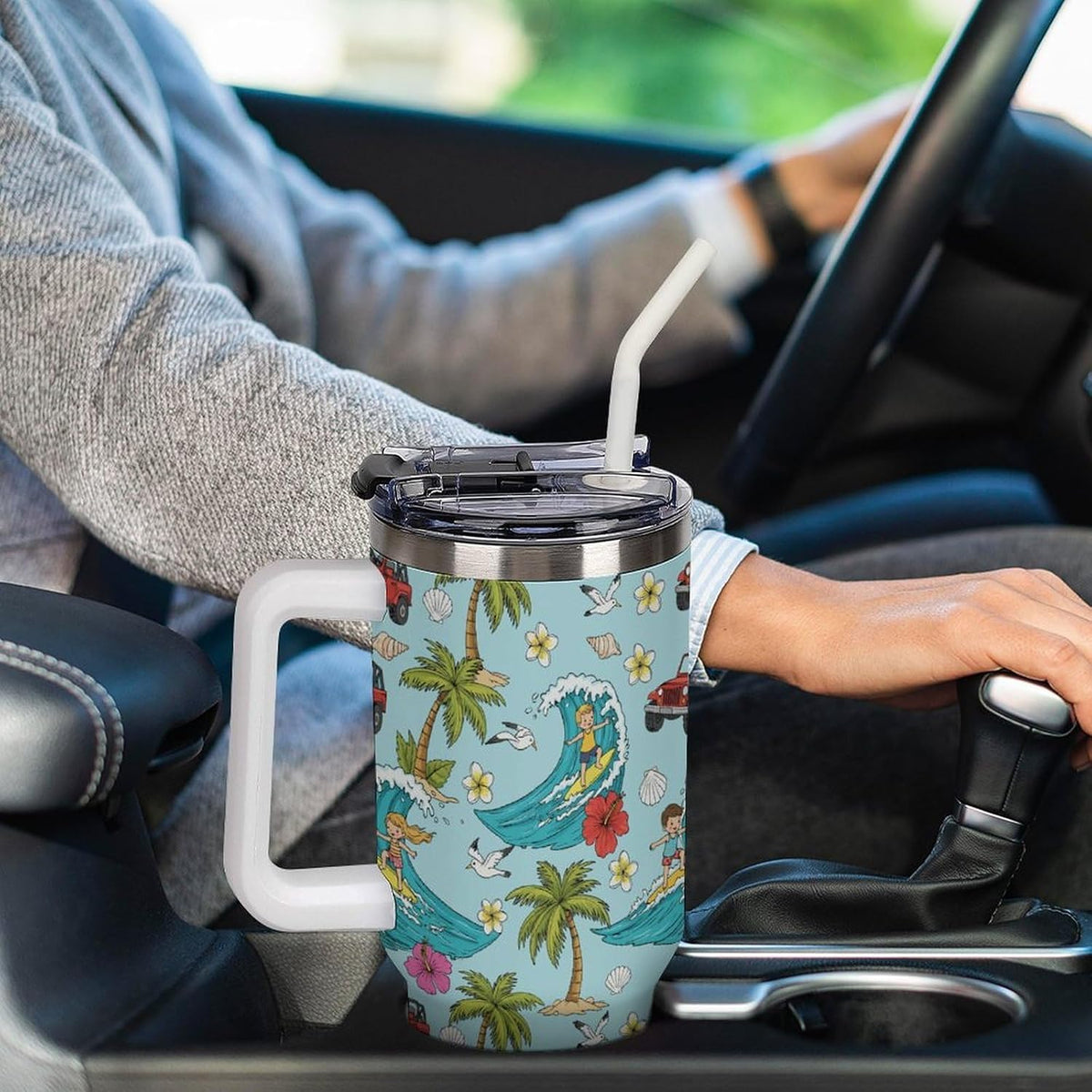 Leakproof Tumbler Vacuum Sealed Car Holder Friendly For Travel Teal And Peach Tropical Palm Leaf Pattern Water Tumbler white-style-23 - Colors D