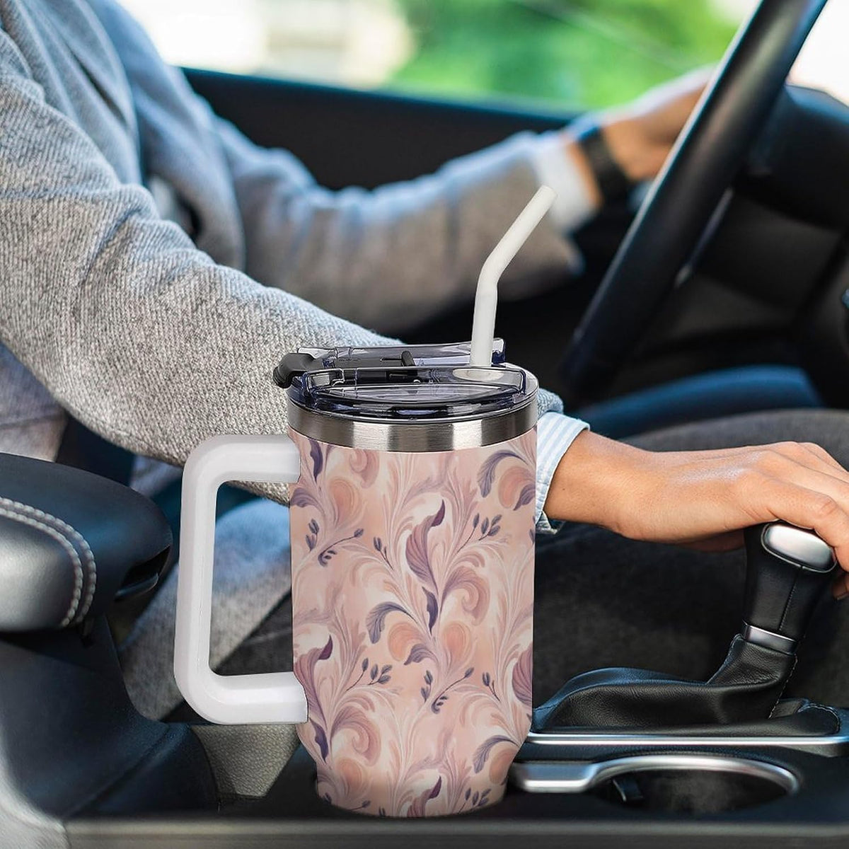 Leakproof Tumbler Vacuum Sealed Car Holder Friendly For Travel Teal And Peach Tropical Palm Leaf Pattern Water Tumbler white-style-23 - Colors D