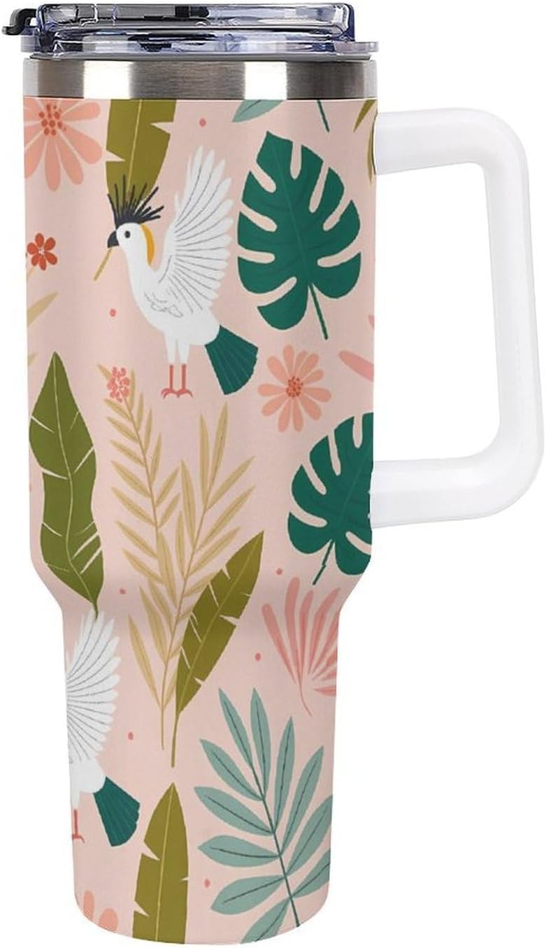 Leakproof Tumbler Vacuum Sealed Car Holder Friendly For Travel Teal And Peach Tropical Palm Leaf Pattern Water Tumbler white-style-23 - Colors D