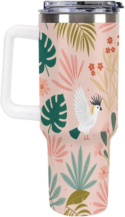 Leakproof Tumbler Vacuum Sealed Car Holder Friendly For Travel Teal And Peach Tropical Palm Leaf Pattern Water Tumbler white-style-23 - Colors D