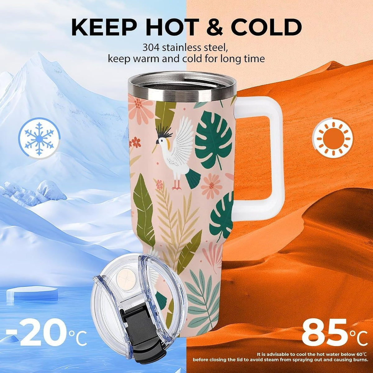 Leakproof Tumbler Vacuum Sealed Car Holder Friendly For Travel Teal And Peach Tropical Palm Leaf Pattern Water Tumbler white-style-23 - Colors D