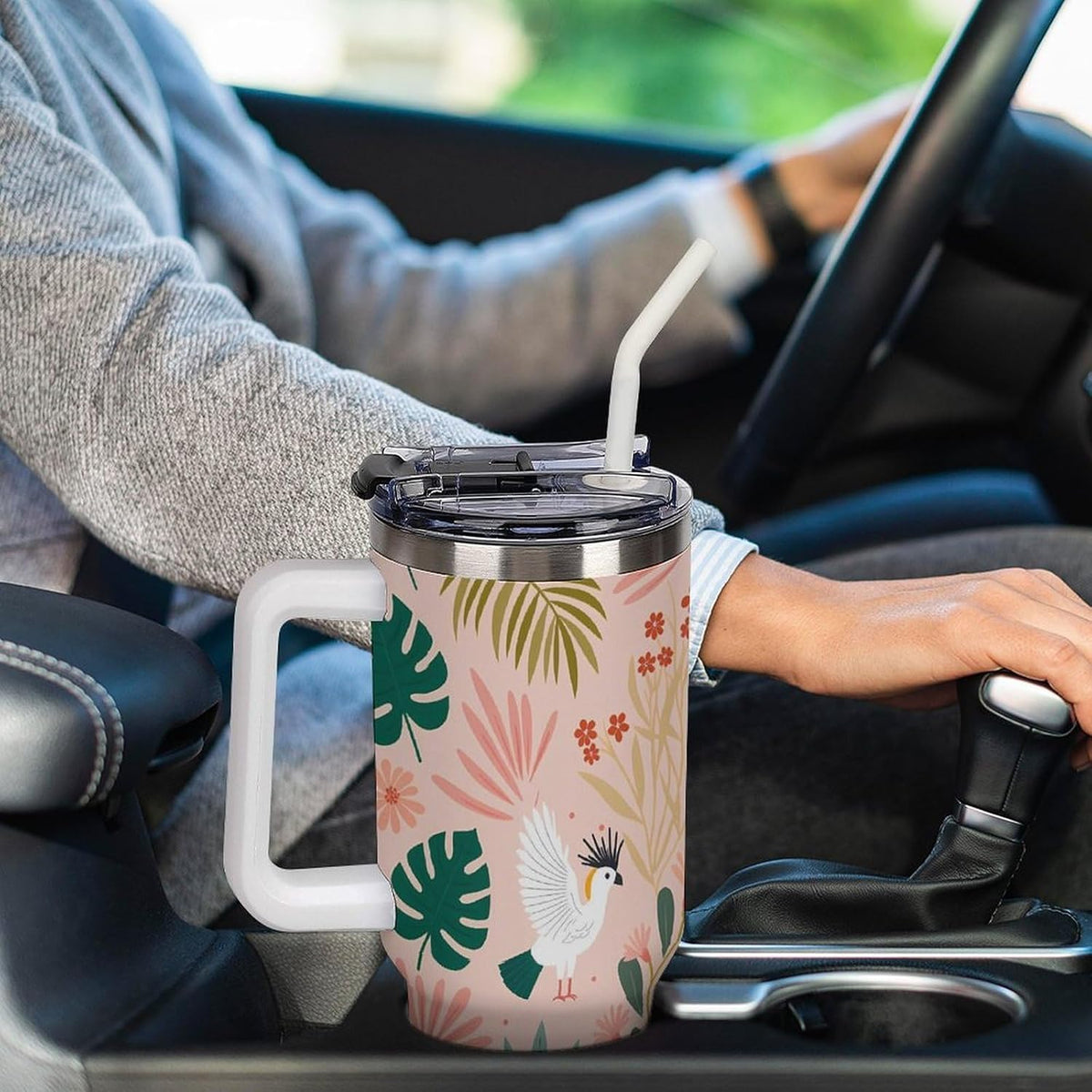 Leakproof Tumbler Vacuum Sealed Car Holder Friendly For Travel Teal And Peach Tropical Palm Leaf Pattern Water Tumbler white-style-23 - Colors D