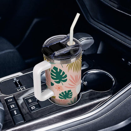 Leakproof Tumbler Vacuum Sealed Car Holder Friendly For Travel Teal And Peach Tropical Palm Leaf Pattern Water Tumbler white-style-23 - Colors D