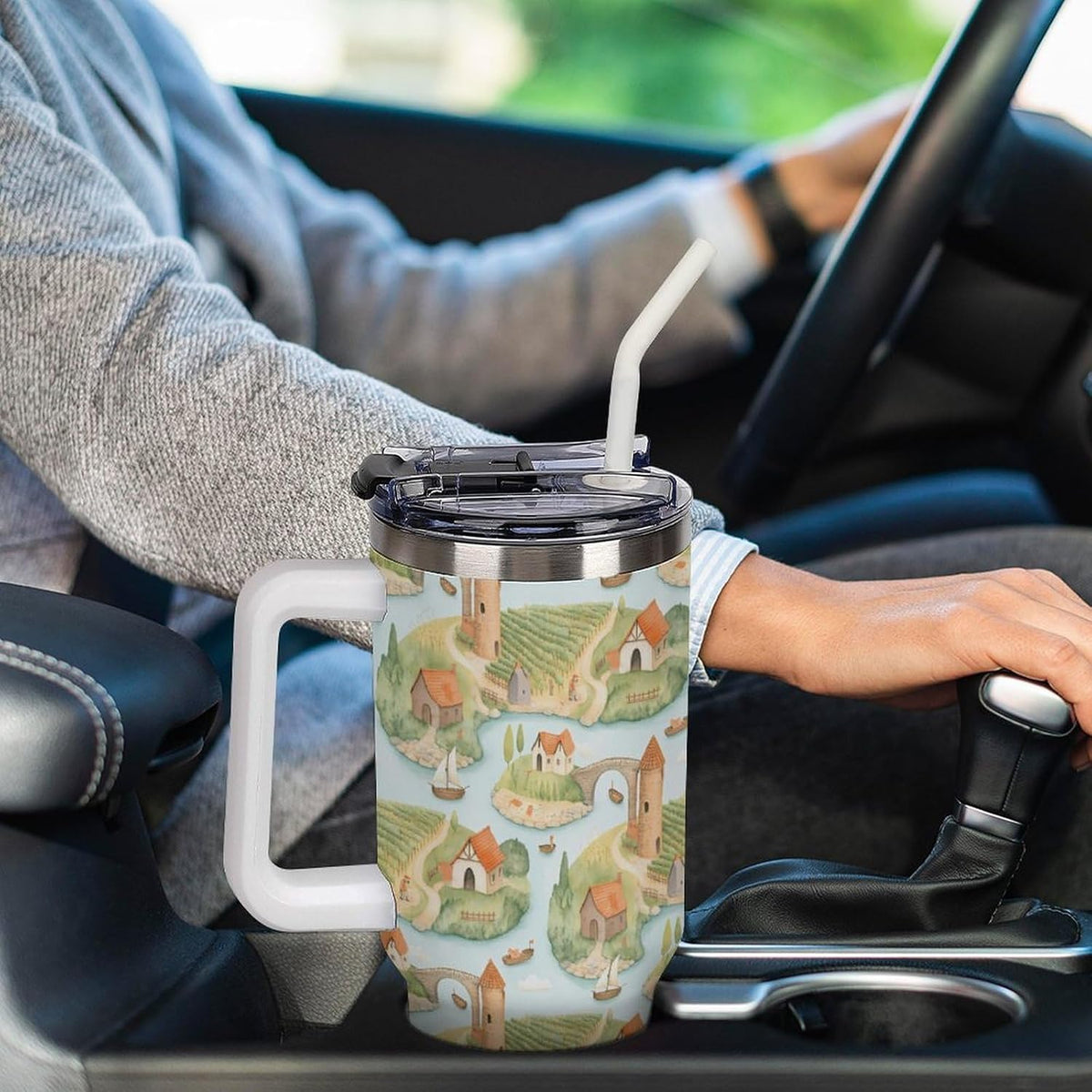 Leakproof Tumbler Vacuum Sealed Car Holder Friendly For Travel Teal And Peach Tropical Palm Leaf Pattern Water Tumbler white-style-23 - Colors D