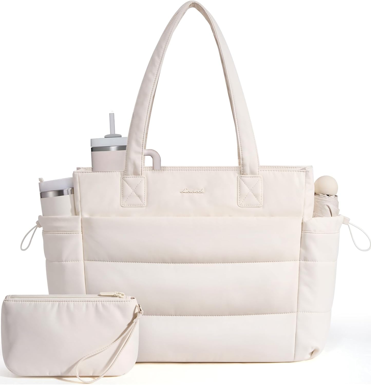 Tote Bag for Women with Giant Tumbler Holder Pocket, Puffer Work Travel Laptop Handbag with Zipper for Nurse Teacher
