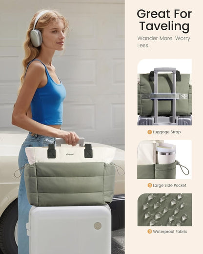 Tote Bag for Women with Giant Tumbler Holder Pocket, Puffer Work Travel Laptop Handbag with Zipper for Nurse Teacher