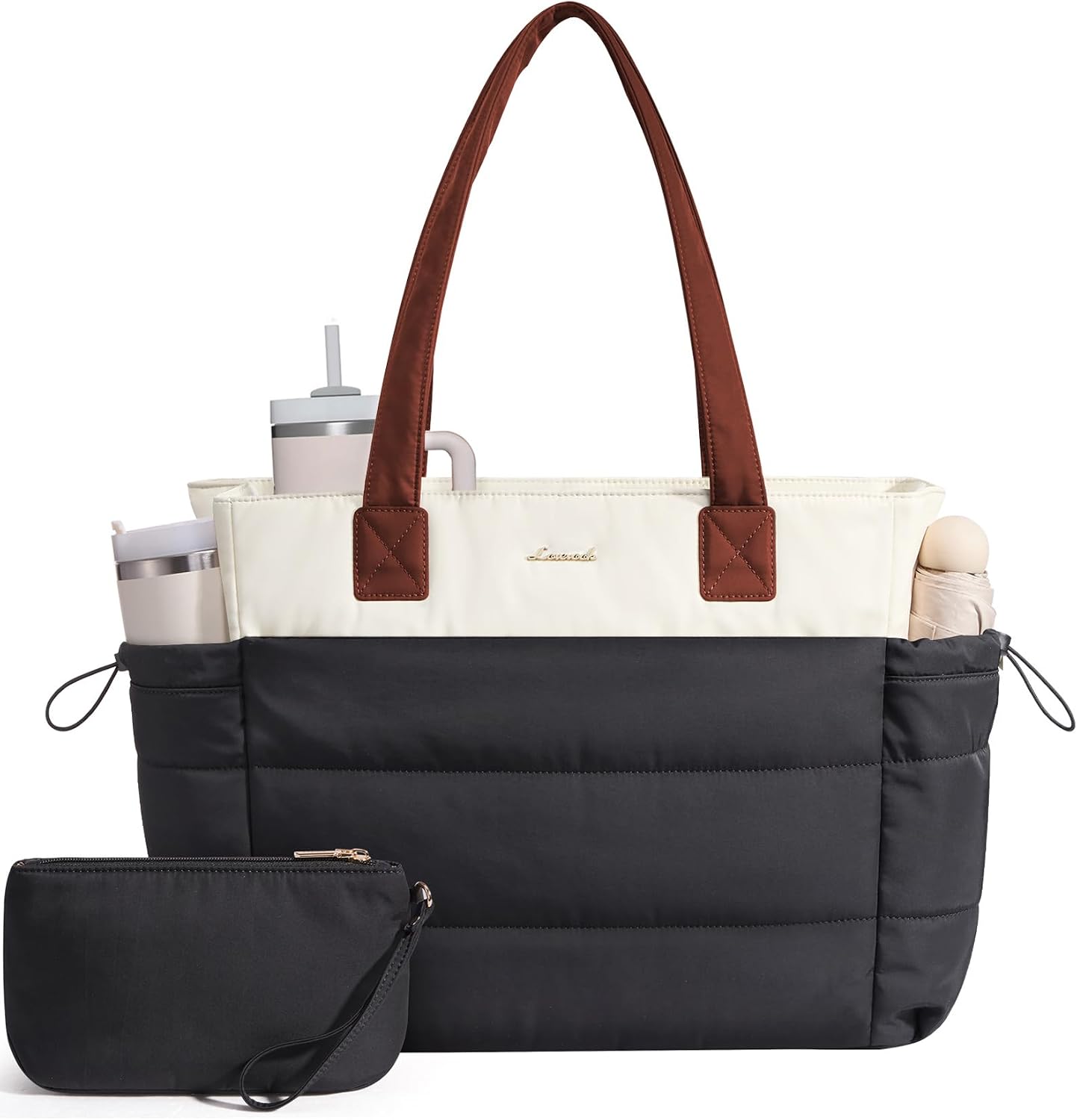 Tote Bag for Women with Giant Tumbler Holder Pocket, Puffer Work Travel Laptop Handbag with Zipper for Nurse Teacher
