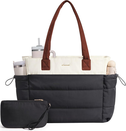 Tote Bag for Women with Giant Tumbler Holder Pocket, Puffer Work Travel Laptop Handbag with Zipper for Nurse Teacher