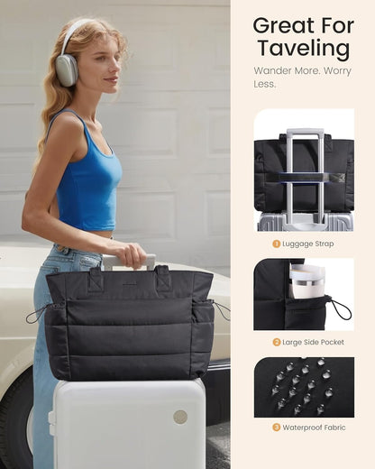 Tote Bag for Women with Giant Tumbler Holder Pocket, Puffer Work Travel Laptop Handbag with Zipper for Nurse Teacher