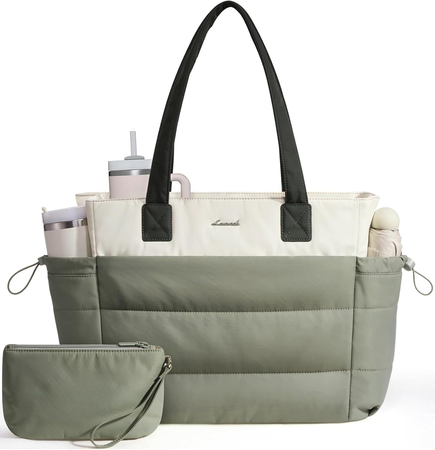 Tote Bag for Women with Giant Tumbler Holder Pocket, Puffer Work Travel Laptop Handbag with Zipper for Nurse Teacher