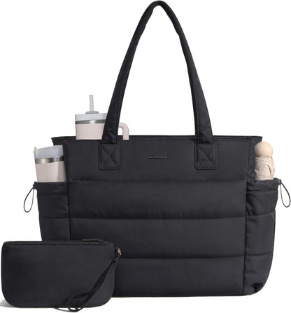 Tote Bag for Women with Giant Tumbler Holder Pocket, Puffer Work Travel Laptop Handbag with Zipper for Nurse Teacher